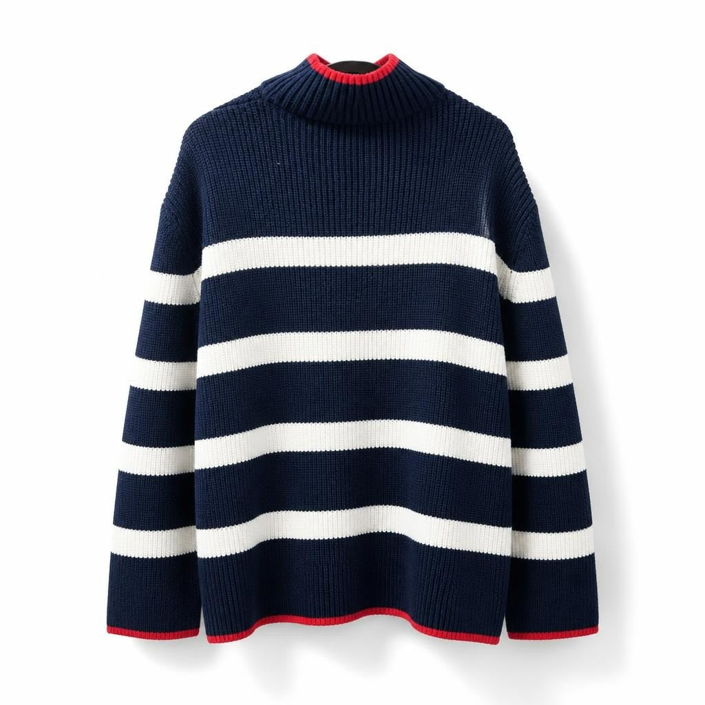 Navy white stripe knit sweater red trim collar - white studio shot, second-hand at Why Go Less, Dekwaneh, Lebanon