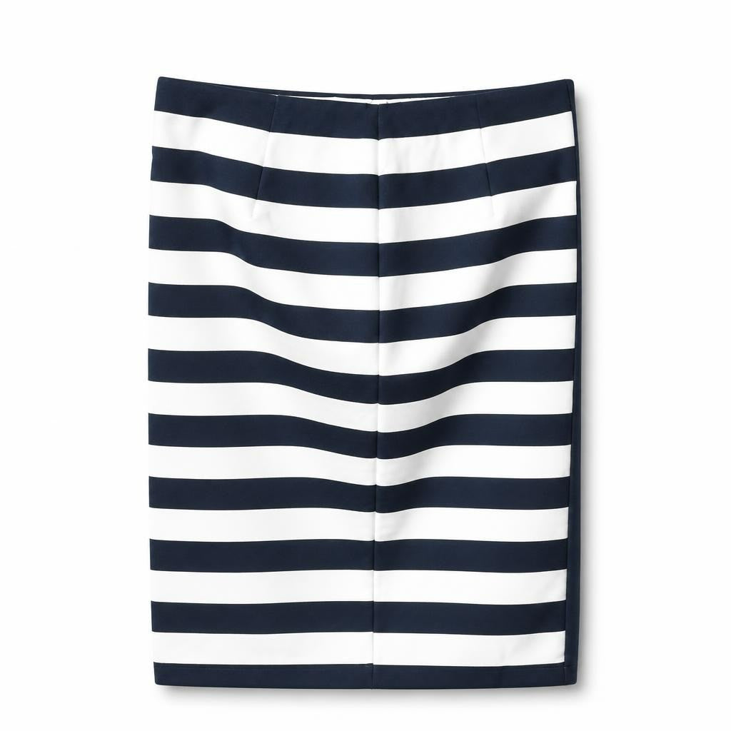 Navy white horizontal stripe pencil skirt - white studio shot, second-hand at Why Go Less, Dekwaneh, Lebanon