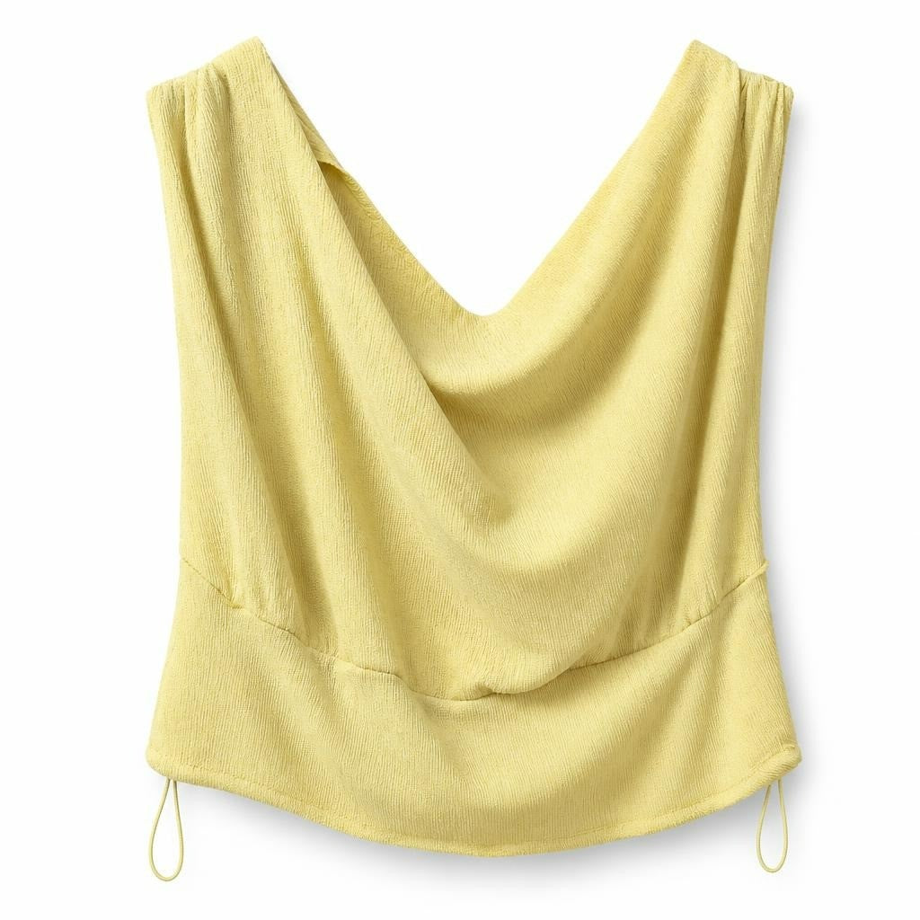Yellow crinkle off-shoulder crop top, size unknown - white studio shot, second-hand at Why Go Less, Dekwaneh, Lebanon