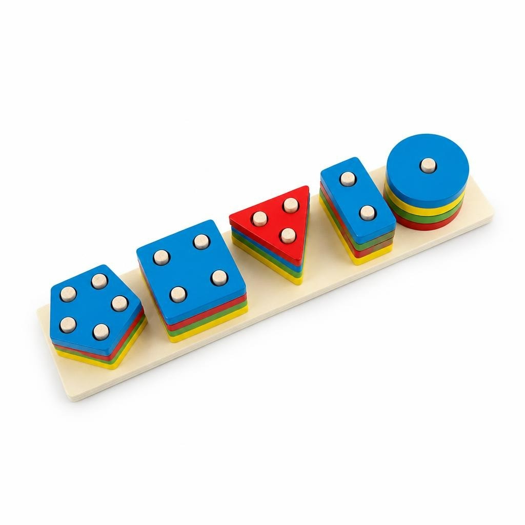 Wooden shape stacking sorter toy, colorful - white studio shot, second-hand at Why Go Less, Dekwaneh, Lebanon