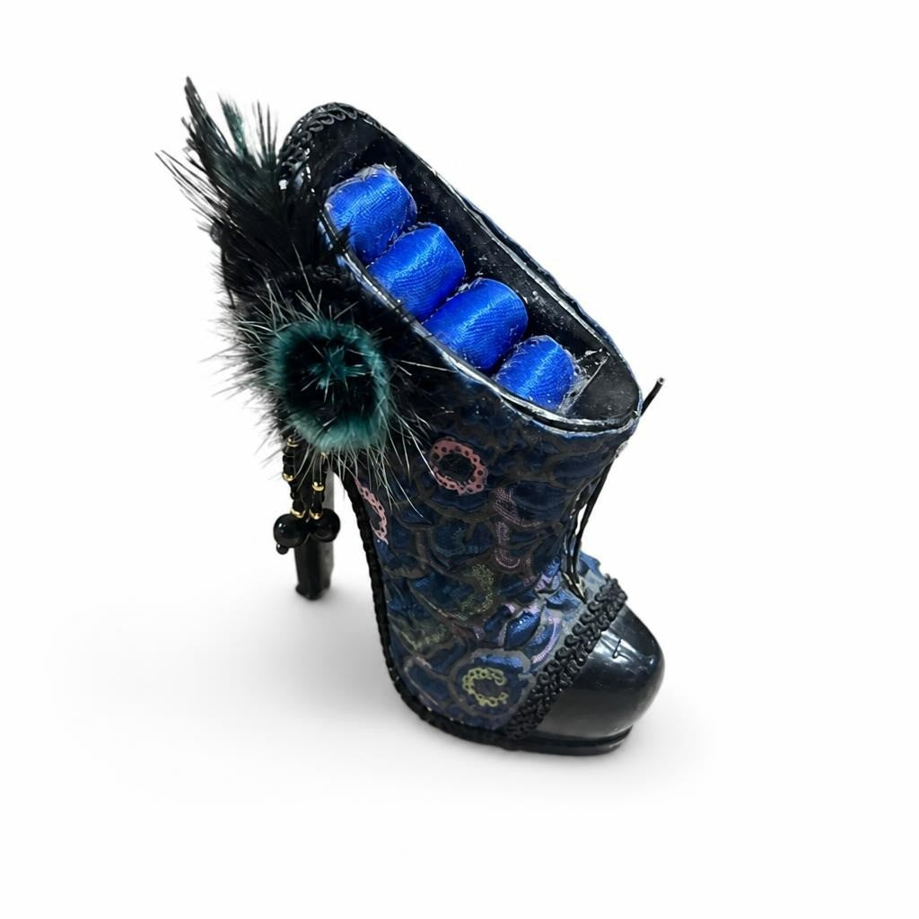 Decorative miniature high-heel boot figurine, navy - white studio shot, second-hand at Why Go Less, Dekwaneh, Lebanon
