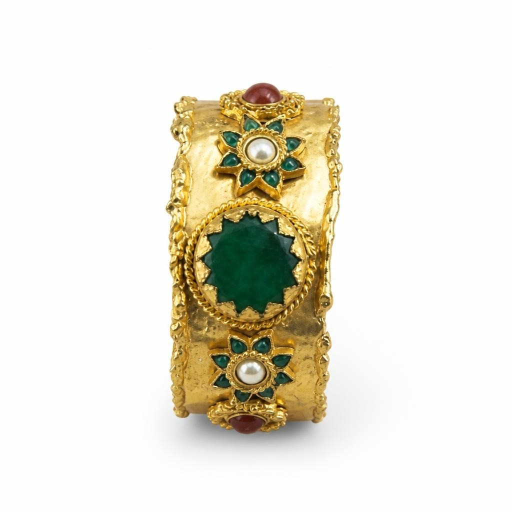 Gold-tone green stone cuff bangle bracelet - white studio shot, second-hand at Why Go Less, Dekwaneh, Lebanon
