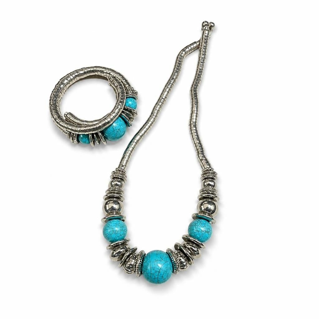 Silver & turquoise beaded necklace and bracelet set - white studio shot, second-hand at Why Go Less, Dekwaneh, Lebanon