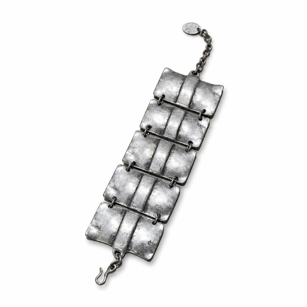 Wide silver-tone hammered panel chain bracelet - white studio shot, second-hand at Why Go Less, Dekwaneh, Lebanon