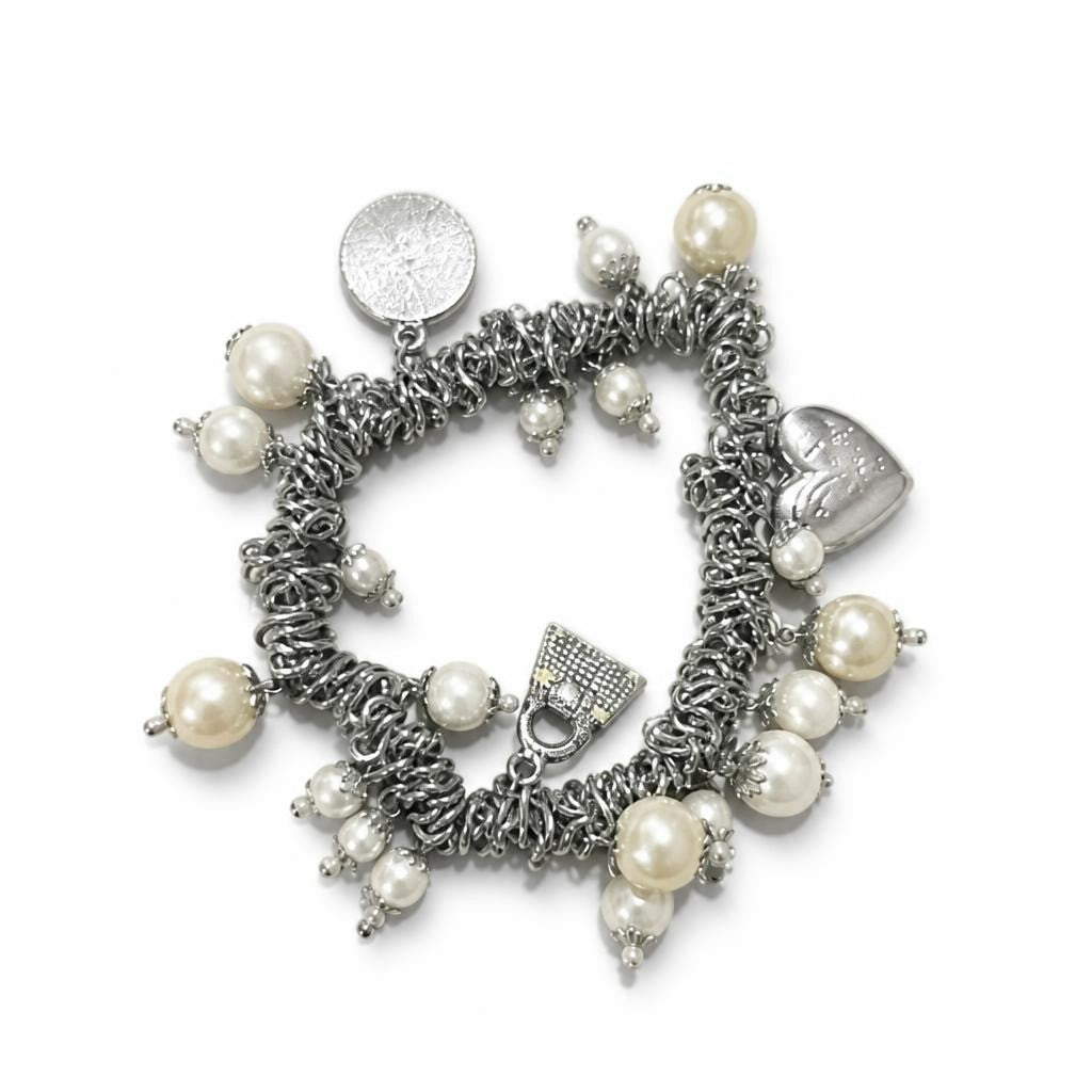 Silver chain charm bracelet with faux pearls - white studio shot, second-hand at Why Go Less, Dekwaneh, Lebanon
