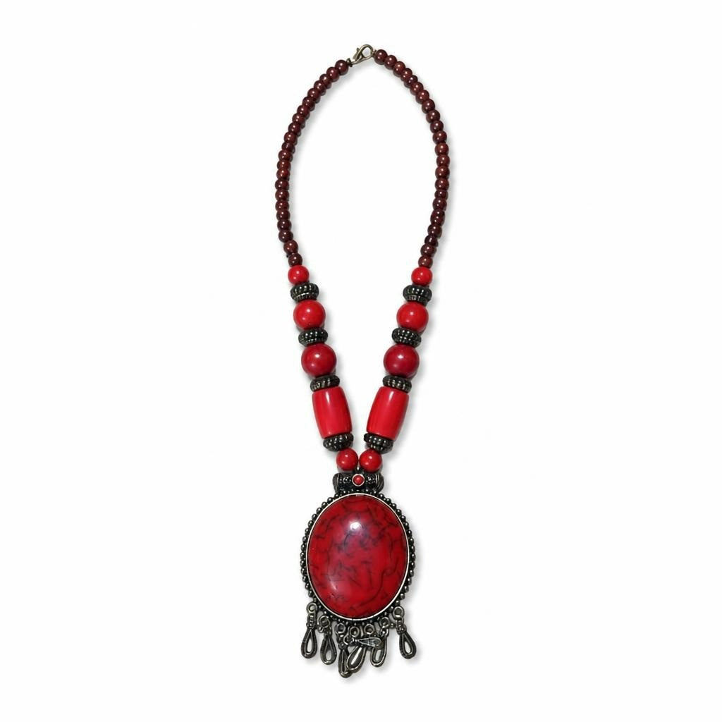 Boho red beaded necklace with large pendant - white studio shot, second-hand at Why Go Less, Dekwaneh, Lebanon