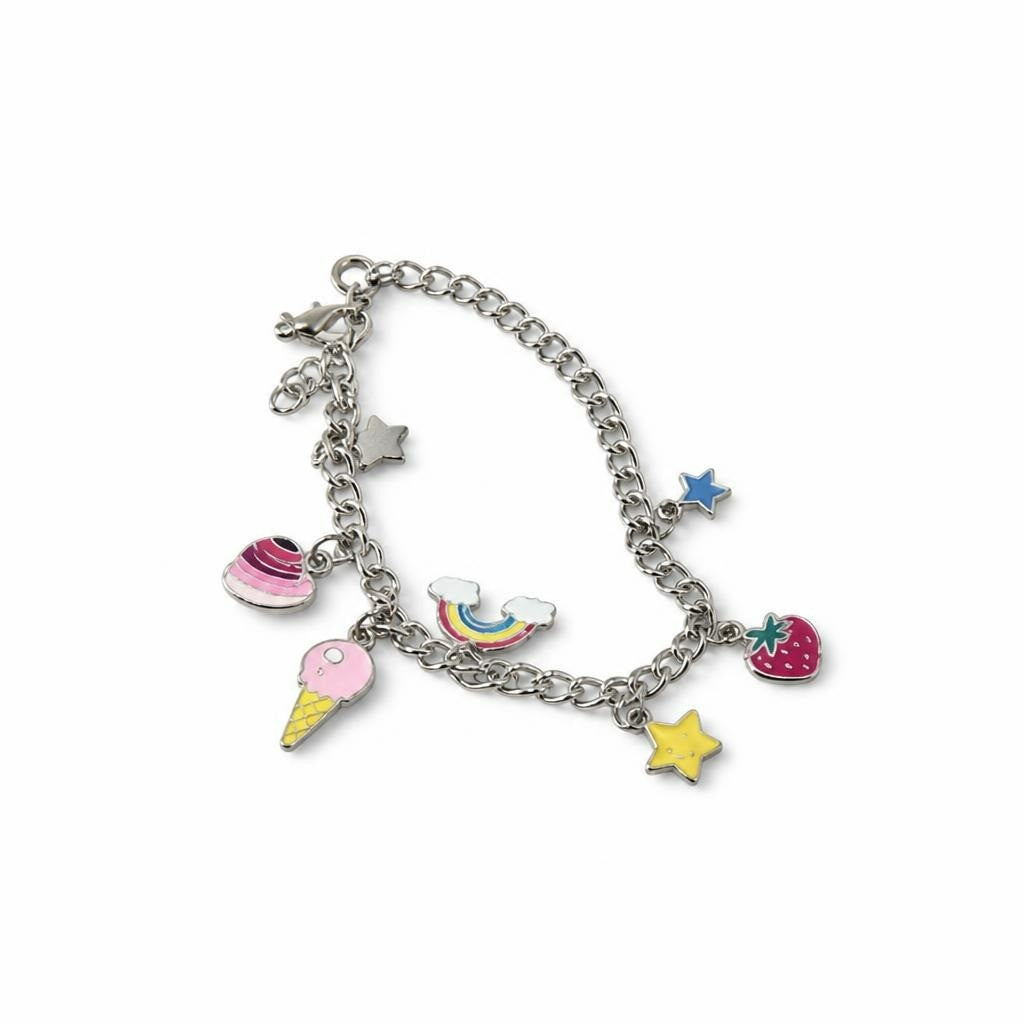 Silver charm bracelet colorful enamel charms - white studio shot, second-hand at Why Go Less, Dekwaneh, Lebanon