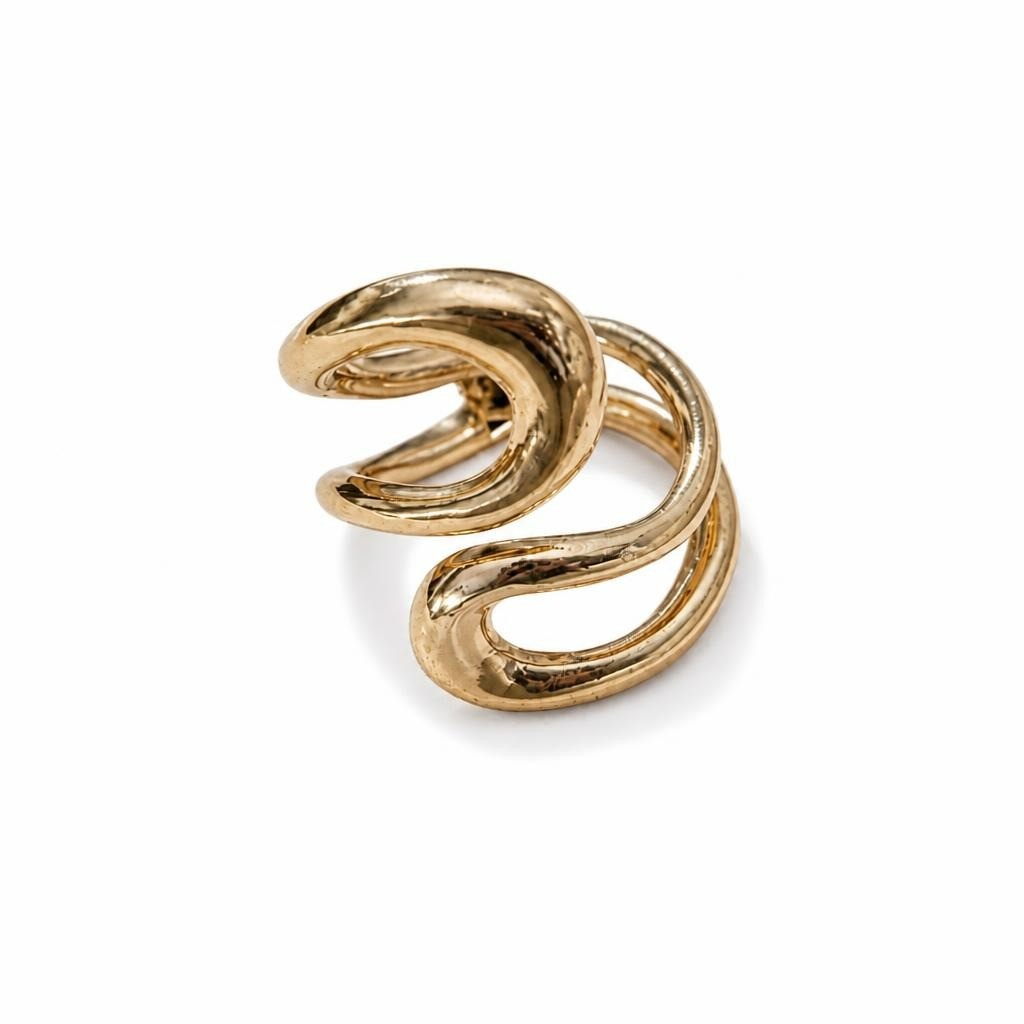 Gold-tone open cuff wave ring, adjustable - white studio shot, second-hand at Why Go Less, Dekwaneh, Lebanon