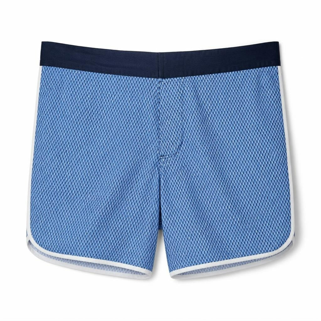 Armani Exchange blue patterned swim shorts - white studio shot, second-hand at Why Go Less, Dekwaneh, Lebanon