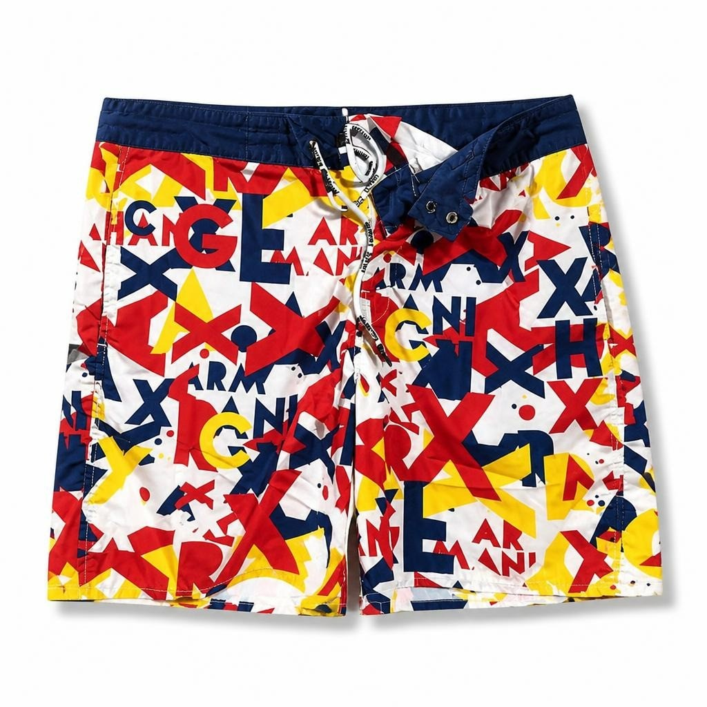 Armani Exchange graphic print swim shorts - white studio shot, second-hand at Why Go Less, Dekwaneh, Lebanon