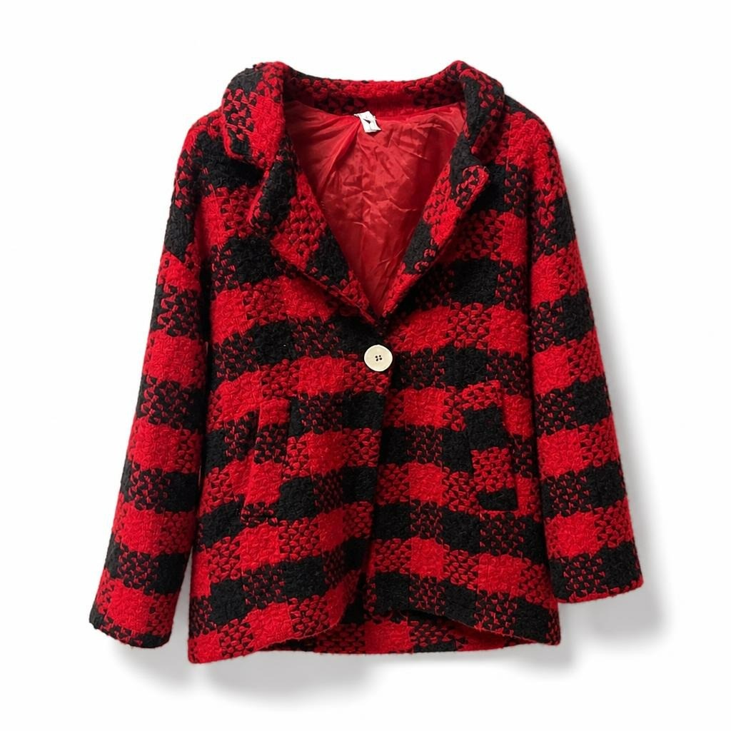 Red and black plaid boucle wool-blend coat - white studio shot, second-hand at Why Go Less, Dekwaneh, Lebanon