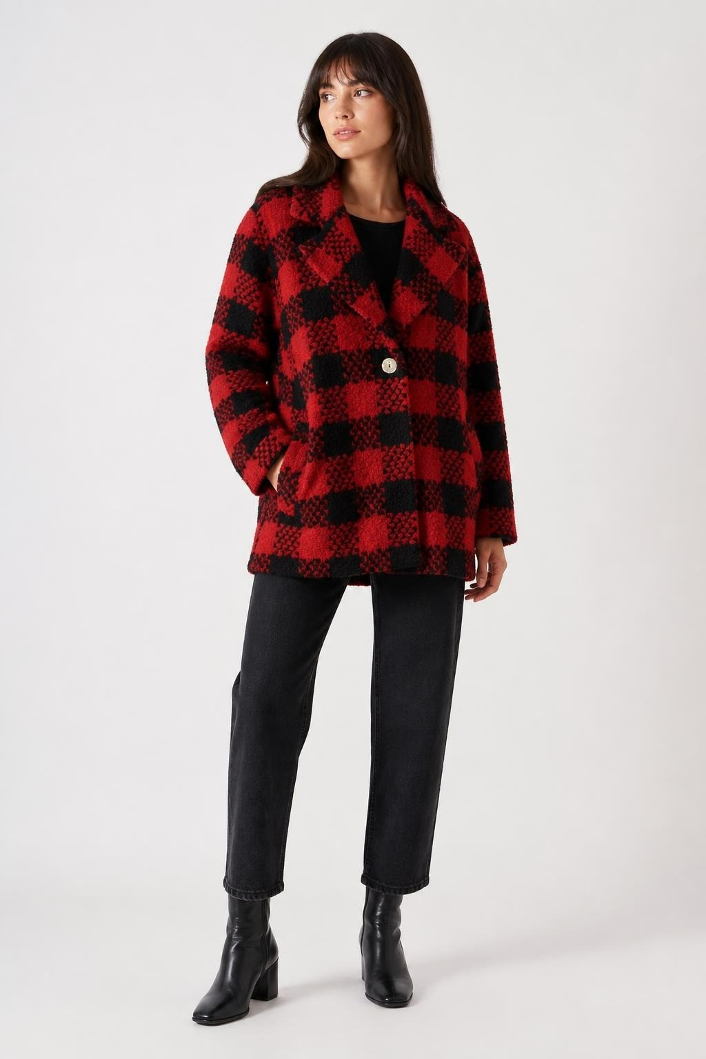 Red and black plaid boucle wool-blend coat | Pre-Loved | Why Go Less
