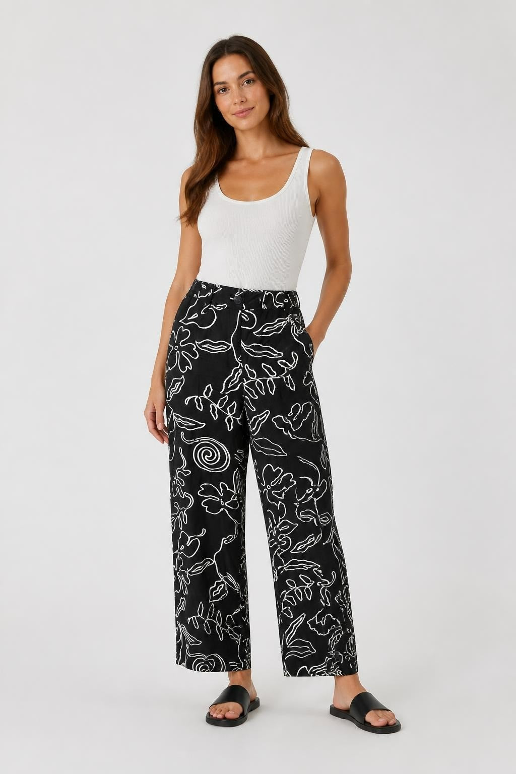 Black floral print wide-leg trousers, B&W | Pre-Loved | Why Go Less
