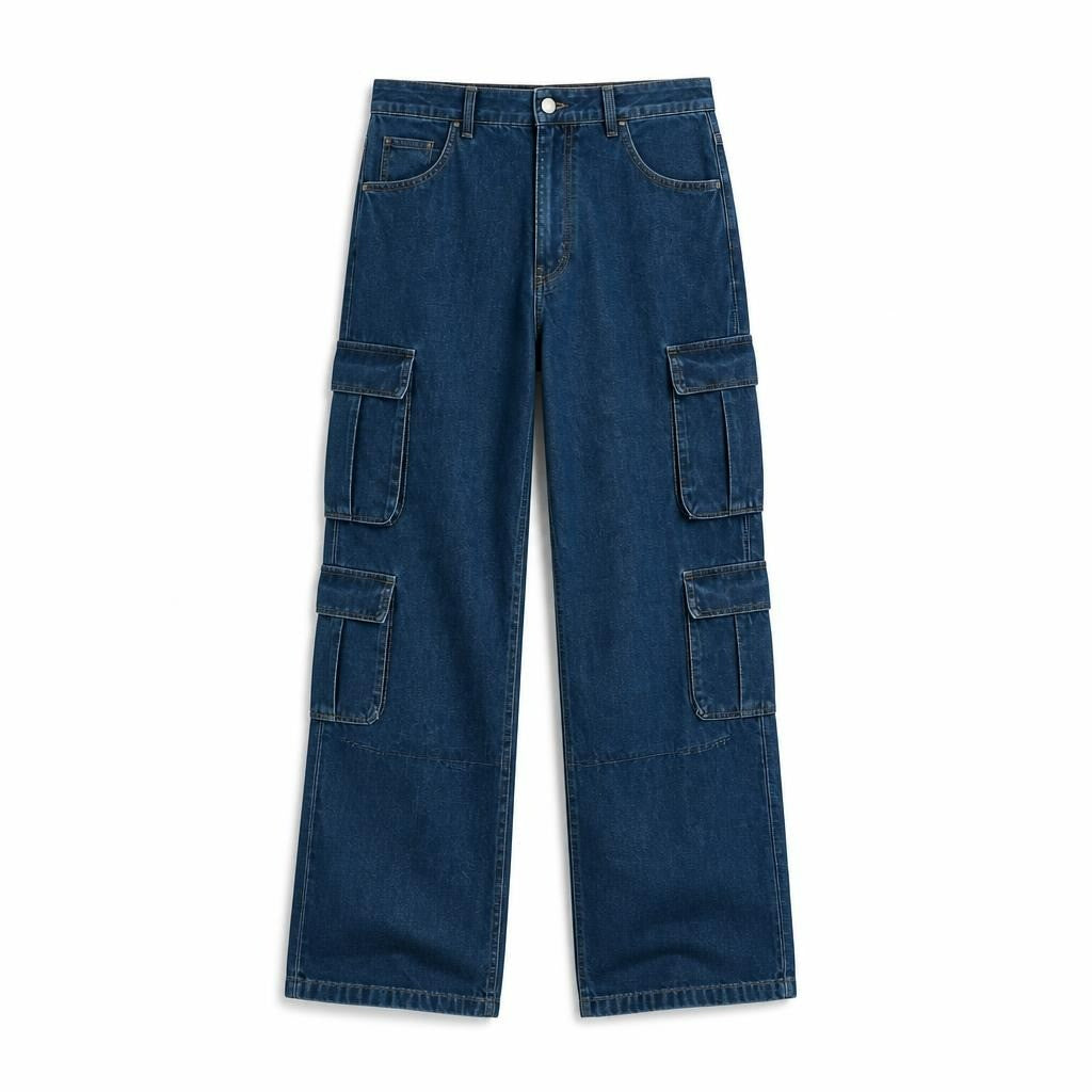 Denim Studio cargo wide-leg jeans, dark blue - white studio shot, second-hand at Why Go Less, Dekwaneh, Lebanon