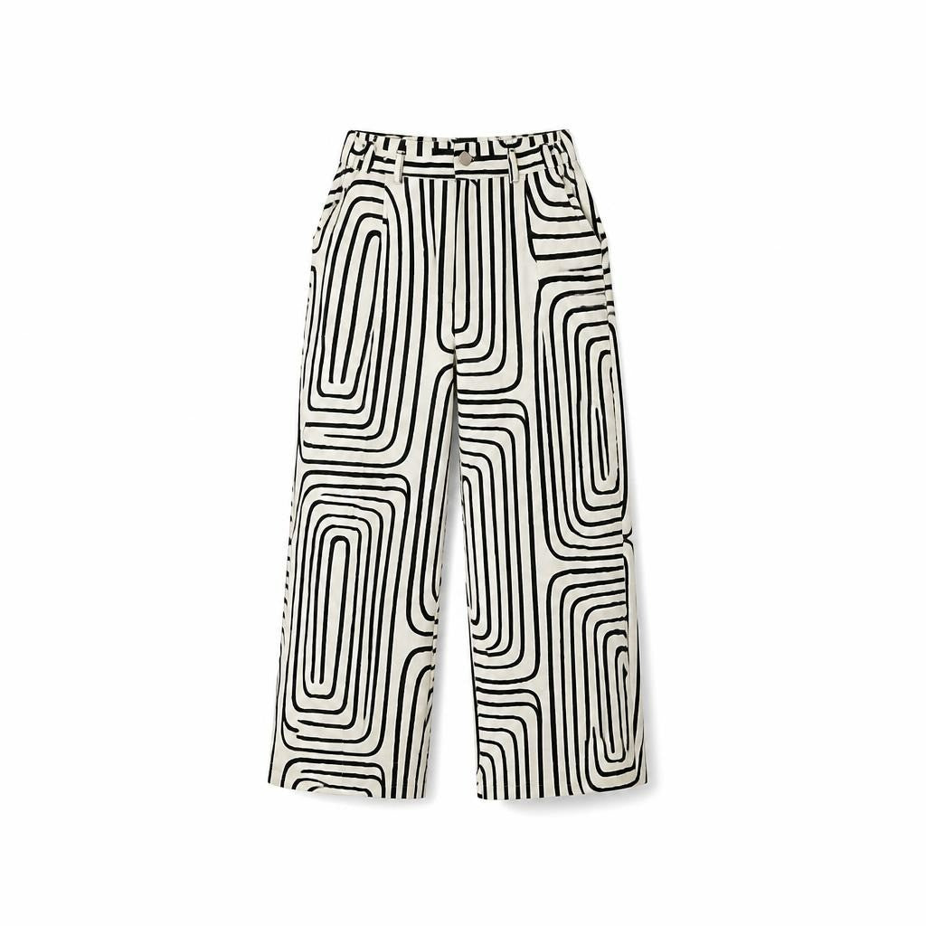 Mango B&W op-art print wide-leg trousers - white studio shot, second-hand at Why Go Less, Dekwaneh, Lebanon