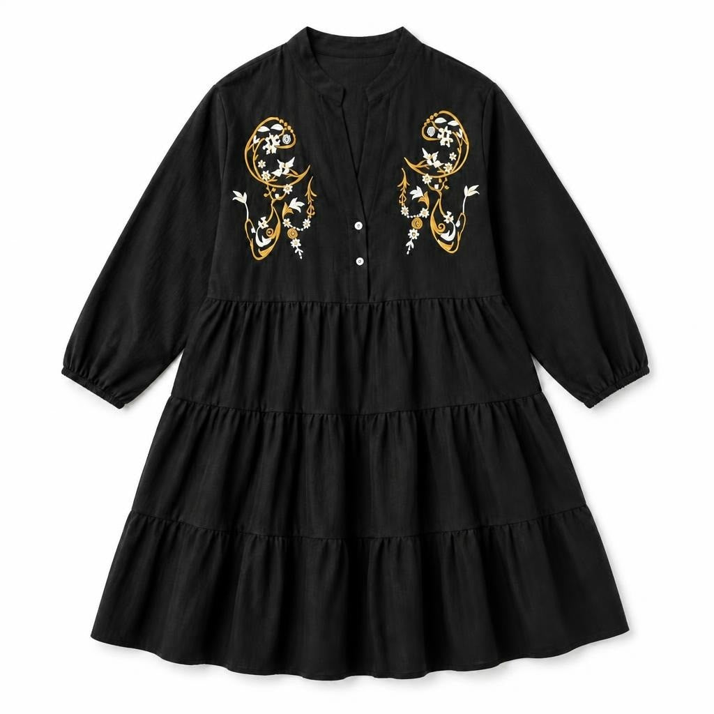Black embroidered tiered mini dress - white studio shot, second-hand at Why Go Less, Dekwaneh, Lebanon