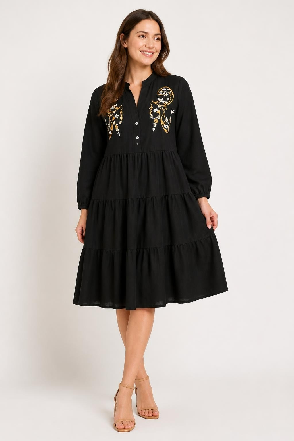 Black embroidered tiered mini dress | Pre-Loved | Why Go Less