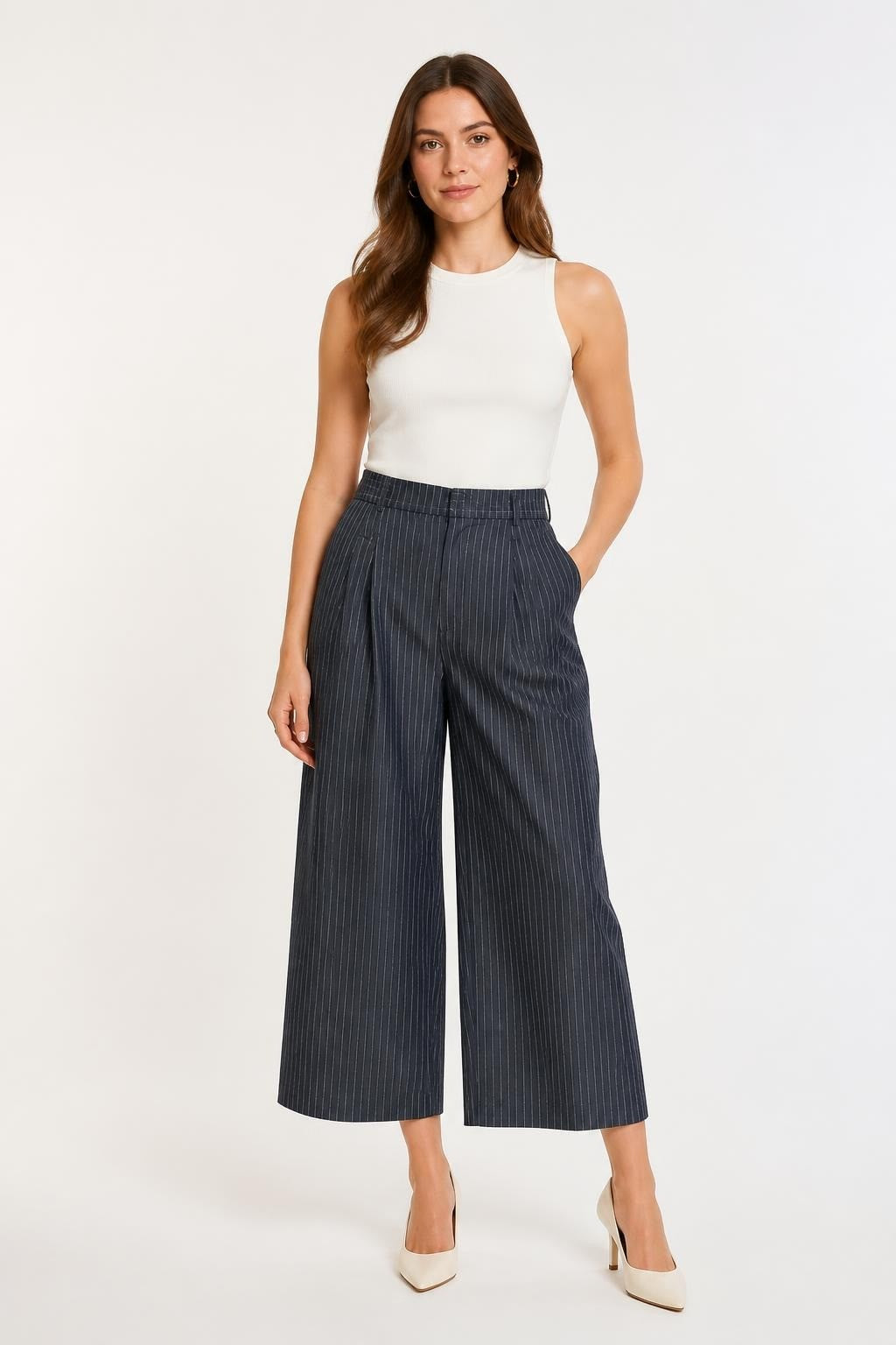 Navy pinstripe wide-leg pleated trousers | Pre-Loved | Why Go Less