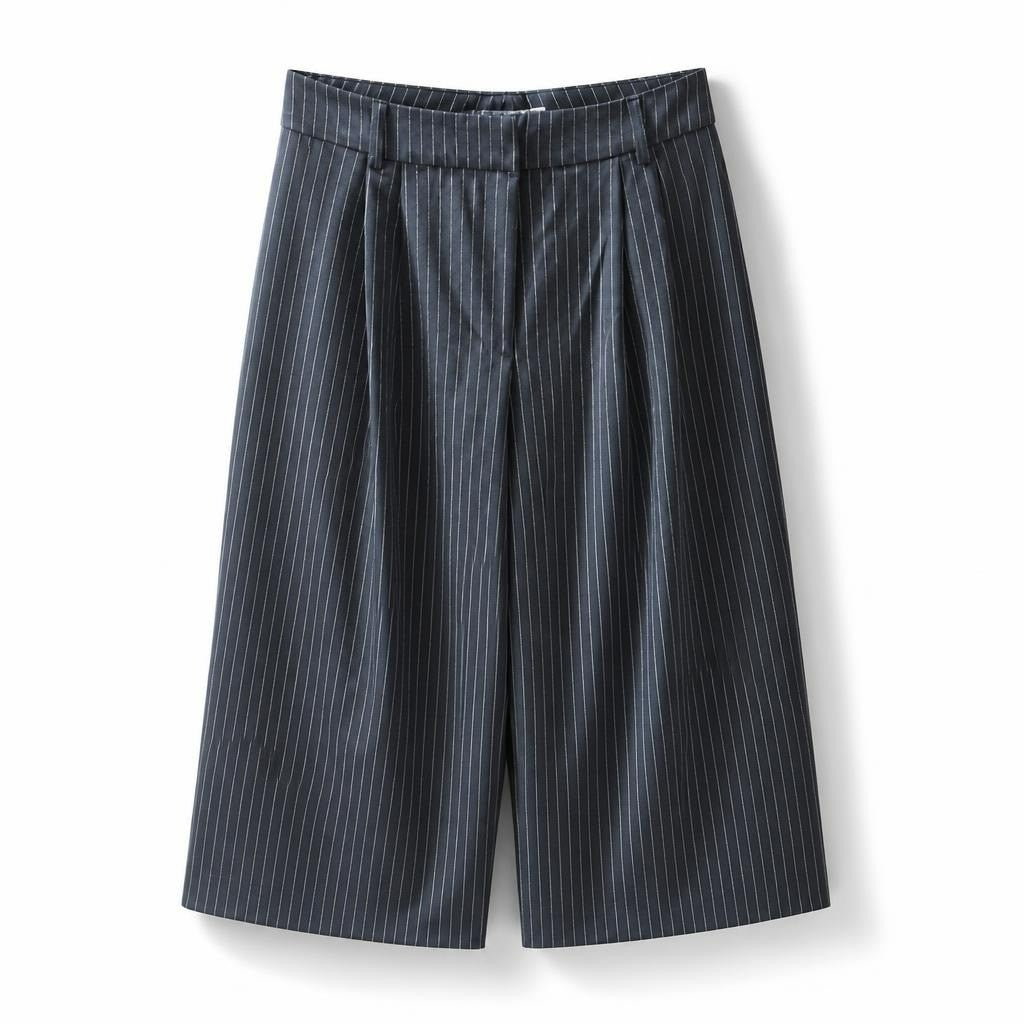 Navy pinstripe wide-leg pleated trousers - white studio shot, second-hand at Why Go Less, Dekwaneh, Lebanon