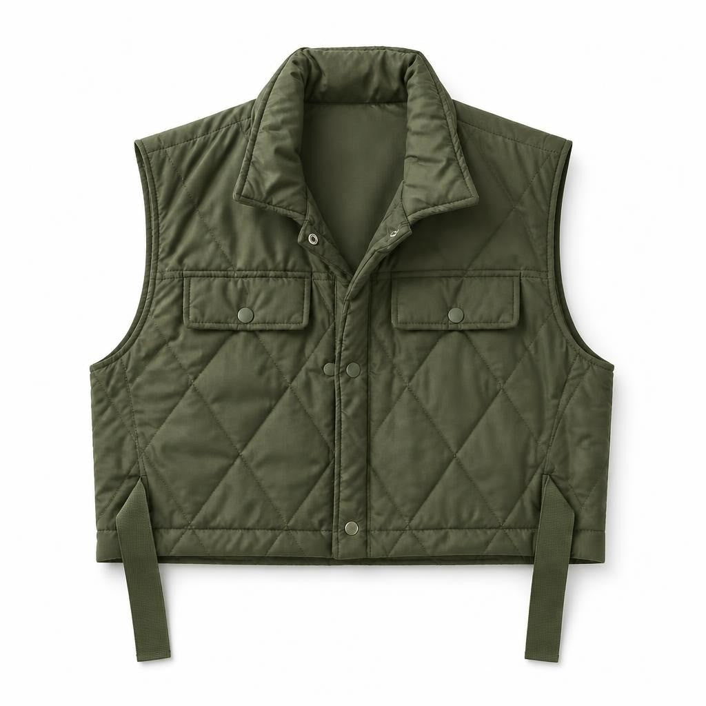 Olive green quilted cropped puffer vest with hood - white studio shot, second-hand at Why Go Less, Dekwaneh, Lebanon