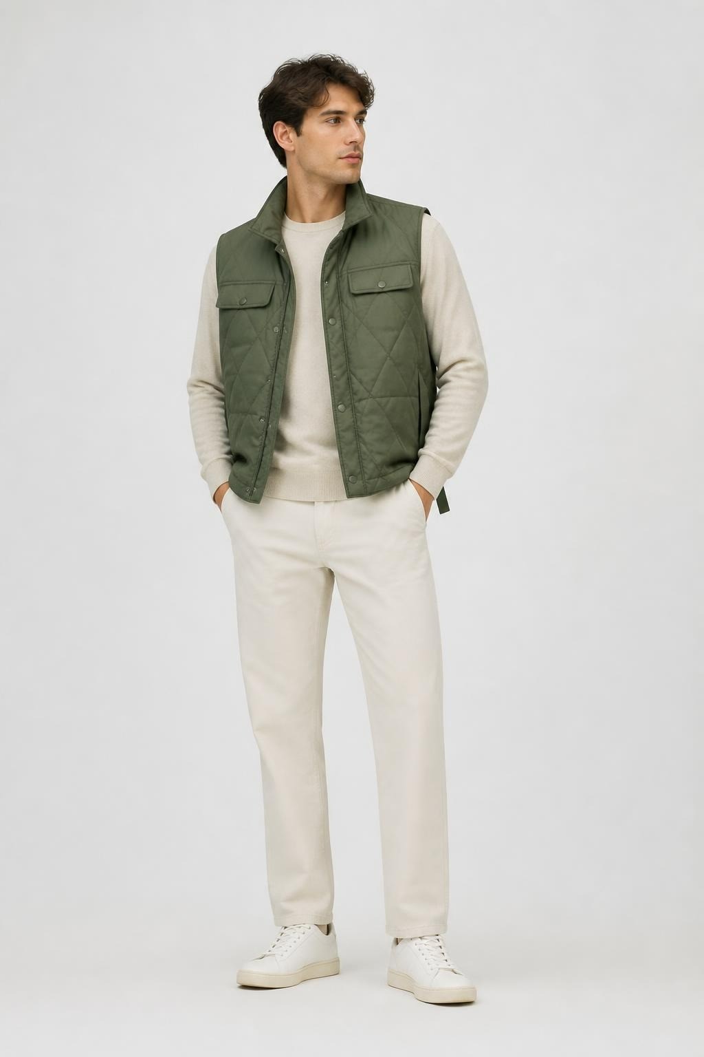 Olive Green Quilted Cropped Vest With Stand Collar | Pre-Loved | Why Go Less