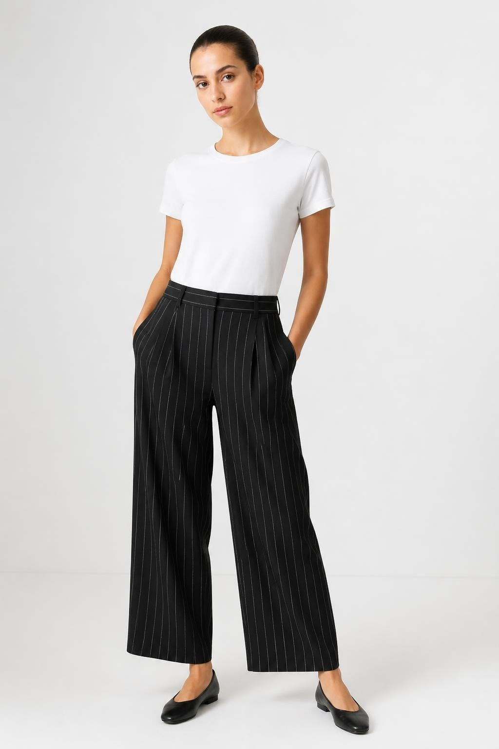 Black pinstripe wide-leg trousers, pleated front | Pre-Loved | Why Go Less