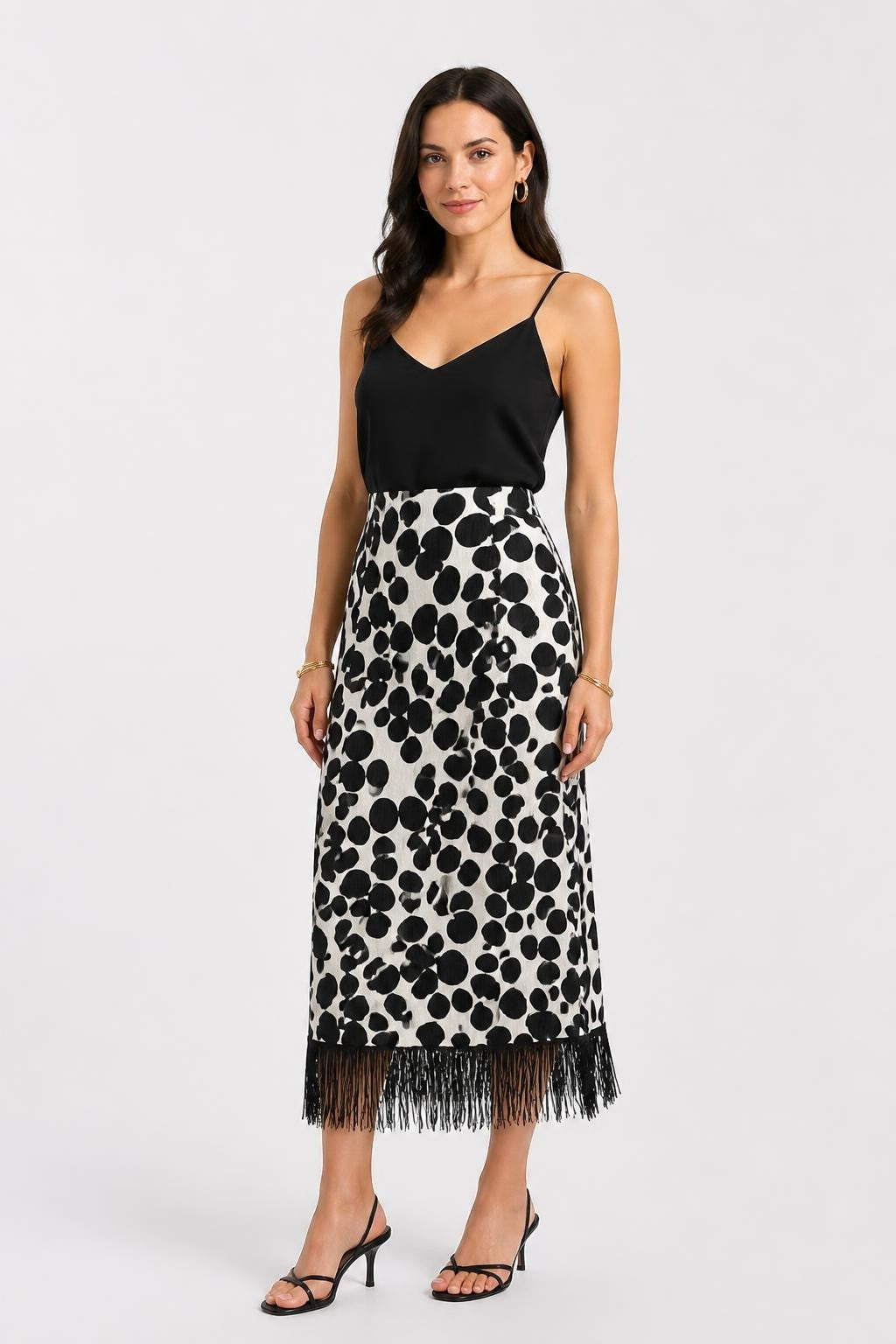 White black polka dot midi skirt with fringe hem | Pre-Loved | Why Go Less