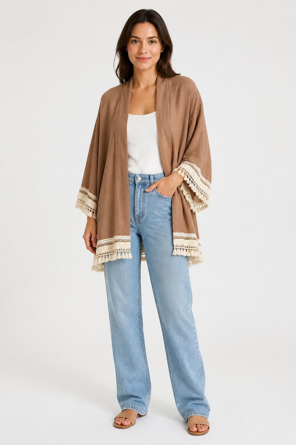 Kimono cardigan bohème marron à franges, taille unique | Seconde main | Pourquoi faire moins bien