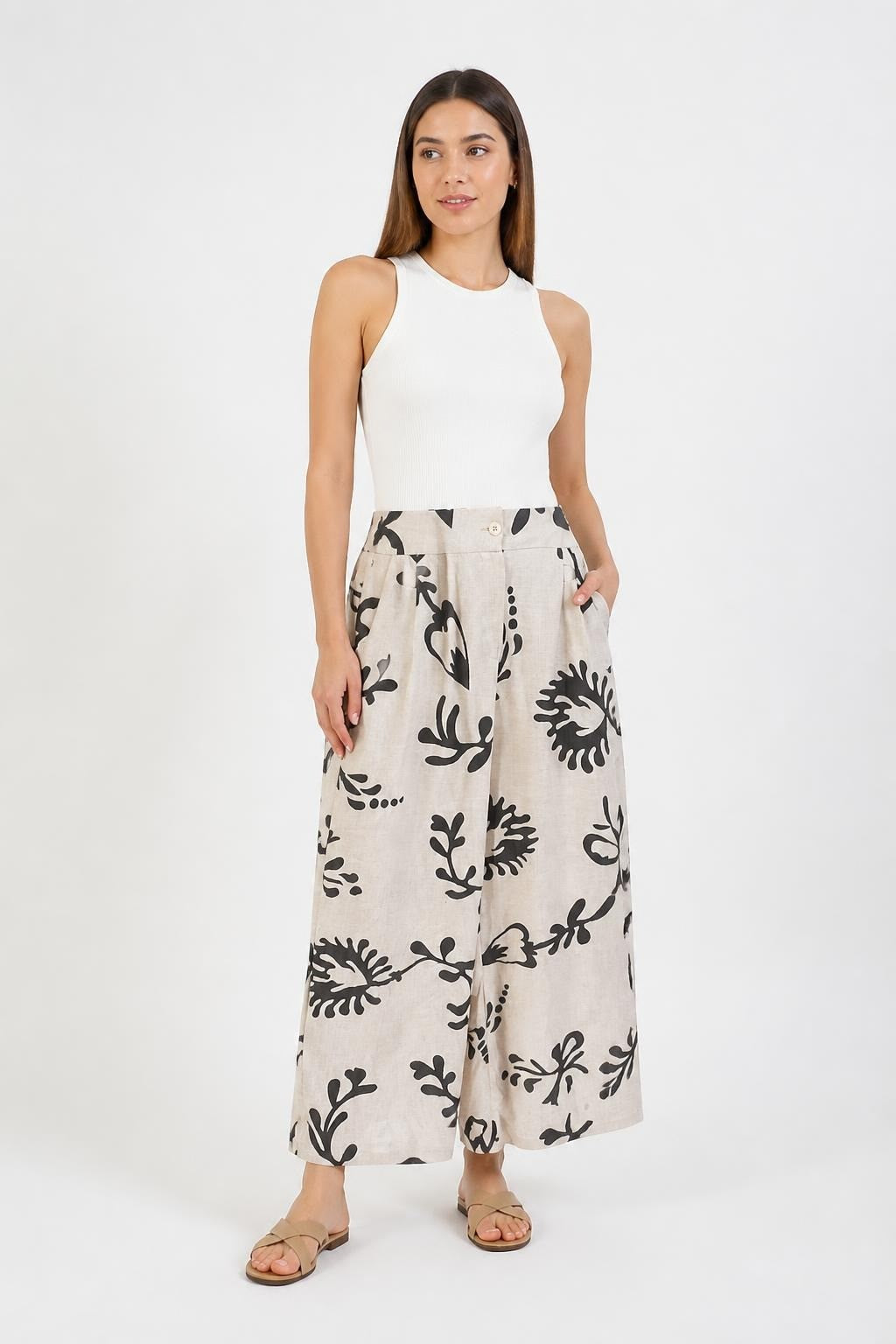 Beige Black Floral Wide-Leg Pants, M-L est. | Pre-Loved | Why Go Less