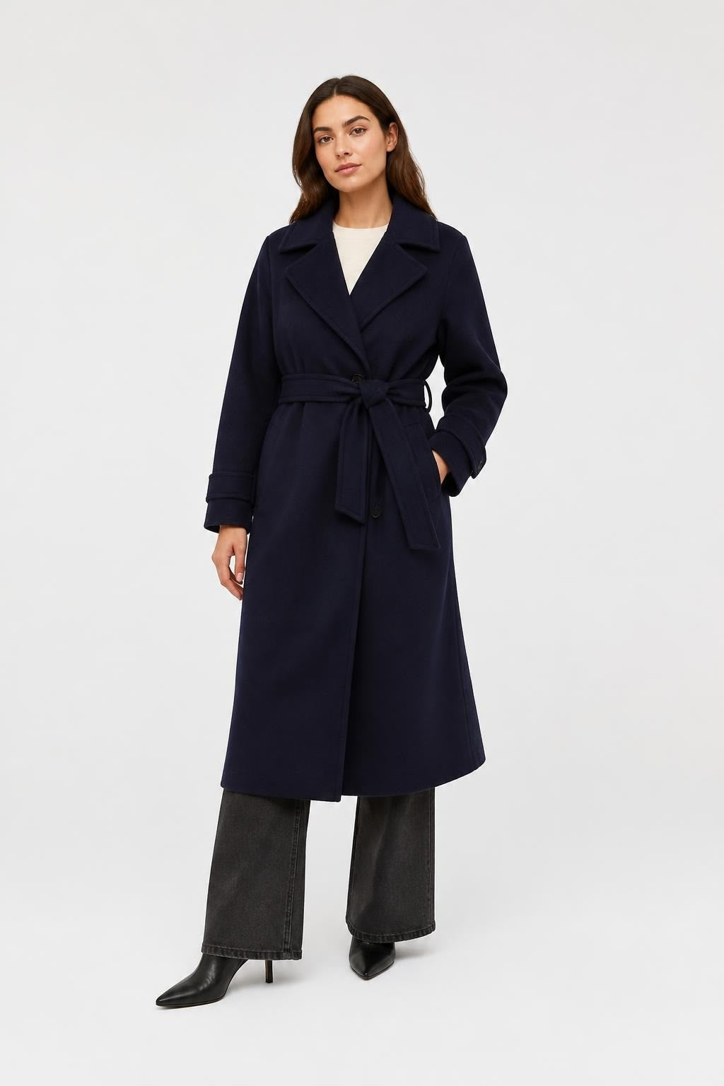 Navy Blue Belted Wool-Blend Overcoat, NWT | Pre-Loved | Why Go Less