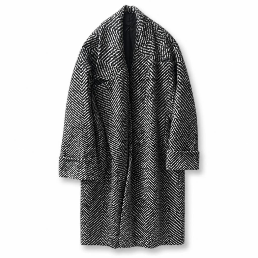 Black White Herringbone Oversized Coat, L est. - white studio shot, second-hand at Why Go Less, Dekwaneh, Lebanon