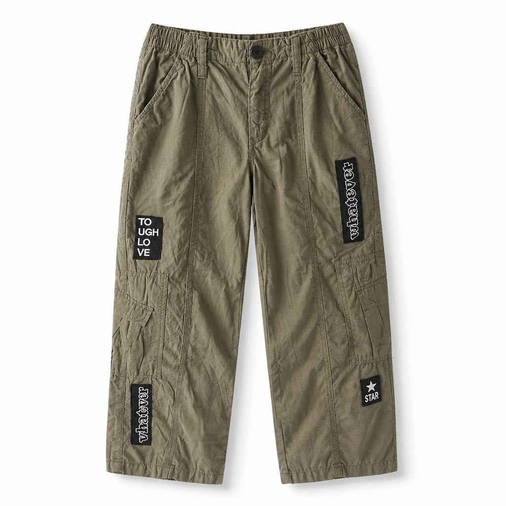 Khaki Cargo Parachute Pants, Patches Detail - white studio shot, second-hand at Why Go Less, Dekwaneh, Lebanon