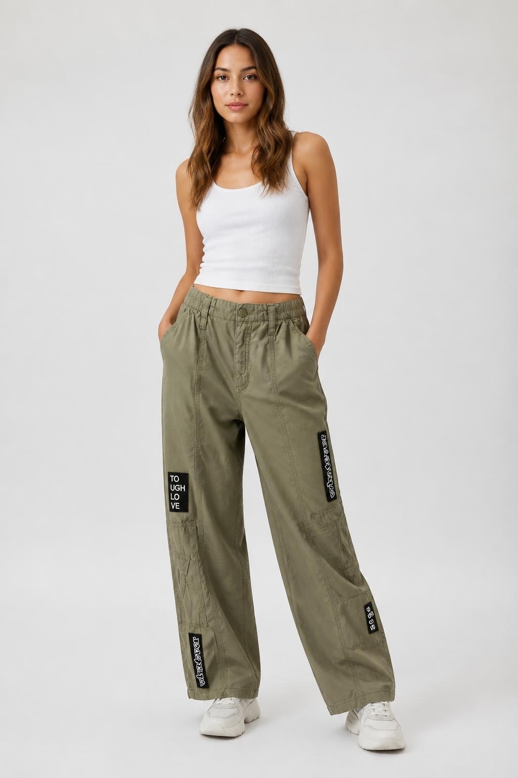 Khaki Cargo Parachute Pants, Patches Detail | Pre-Loved | Why Go Less