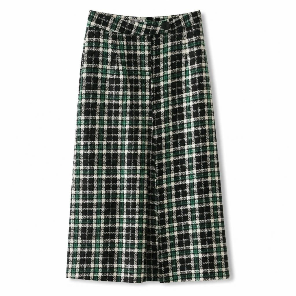 Plaid tweed midi skirt, black/green/white, M-L - white studio shot, second-hand at Why Go Less, Dekwaneh, Lebanon