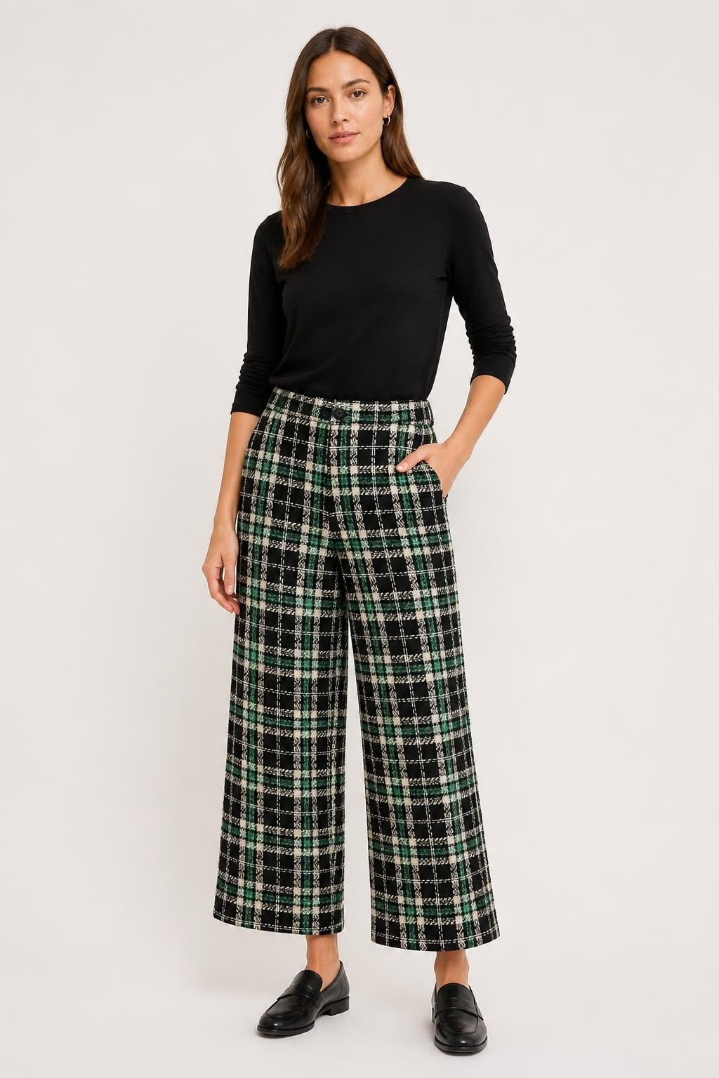 Plaid tweed midi skirt, black/green/white, M-L | Pre-Loved | Why Go Less