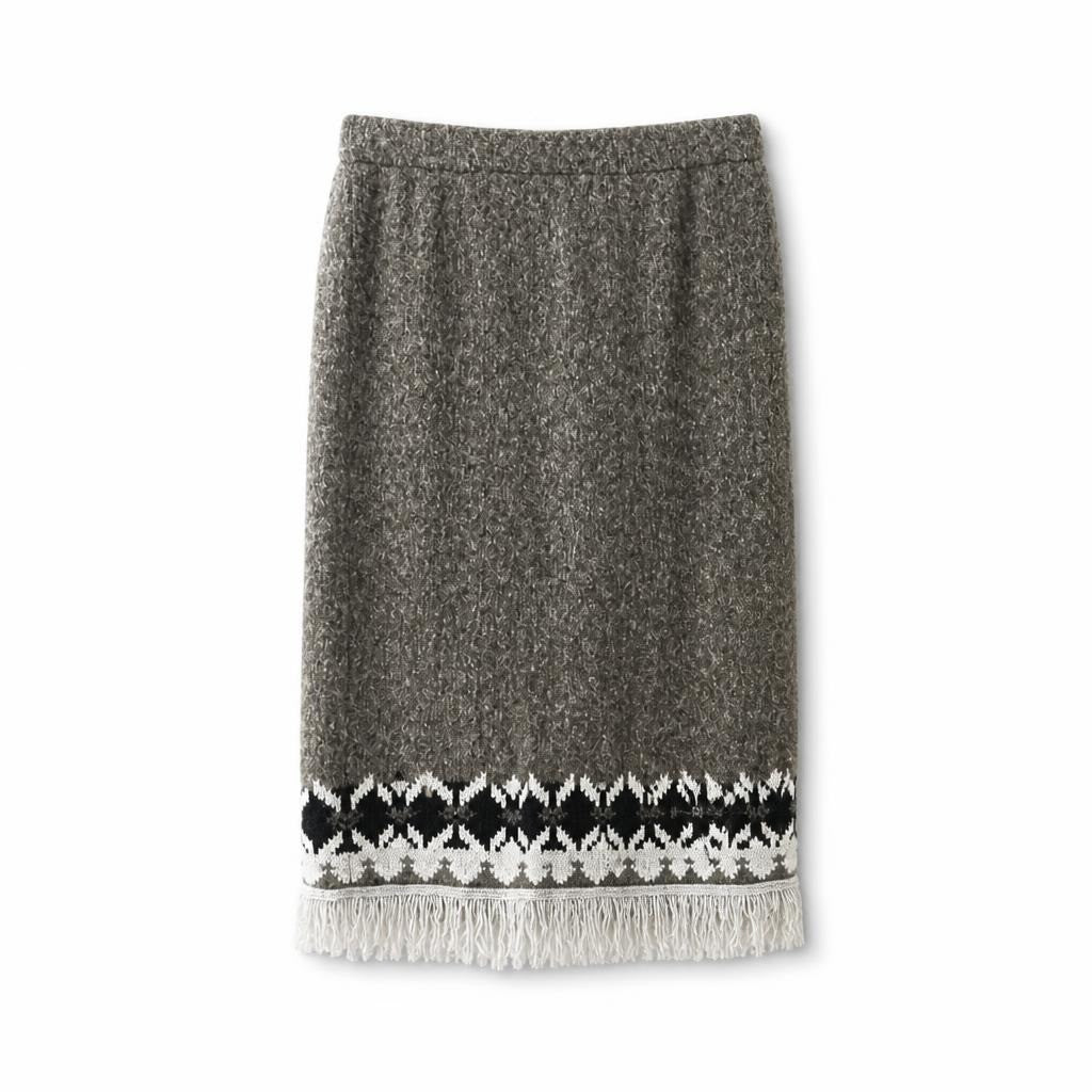 Wool-blend midi skirt, grey, fringe hem detail - white studio shot, second-hand at Why Go Less, Dekwaneh, Lebanon