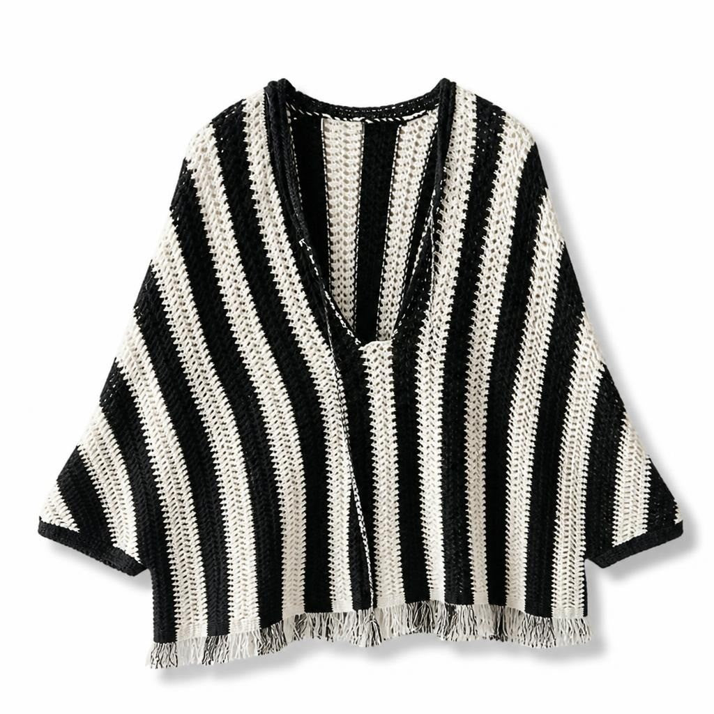 Happiness BYD crochet striped oversized top, B&W - white studio shot, second-hand at Why Go Less, Dekwaneh, Lebanon