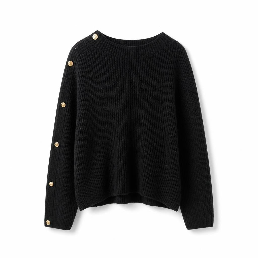 Black chunky knit oversized sweater, gold buttons - white studio shot, second-hand at Why Go Less, Dekwaneh, Lebanon