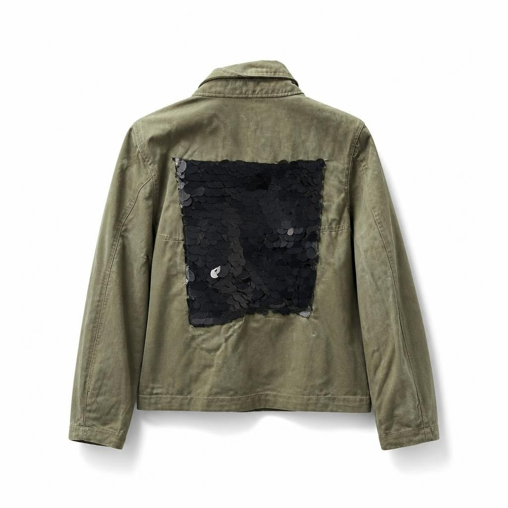 Olive green military jacket black sequin back detail - white studio shot, second-hand at Why Go Less, Dekwaneh, Lebanon