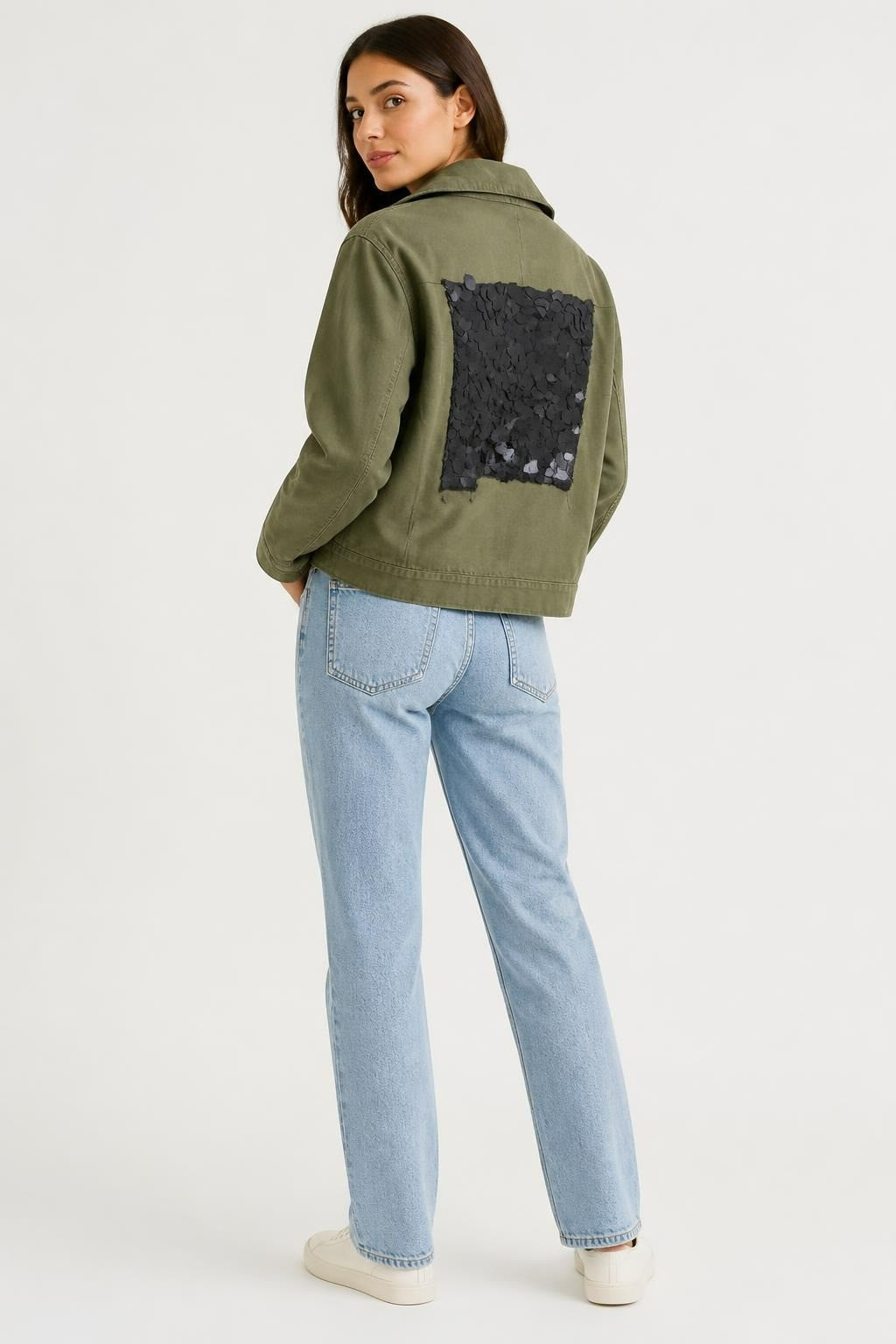 Olive green military jacket black sequin back detail | Pre-Loved | Why Go Less-1