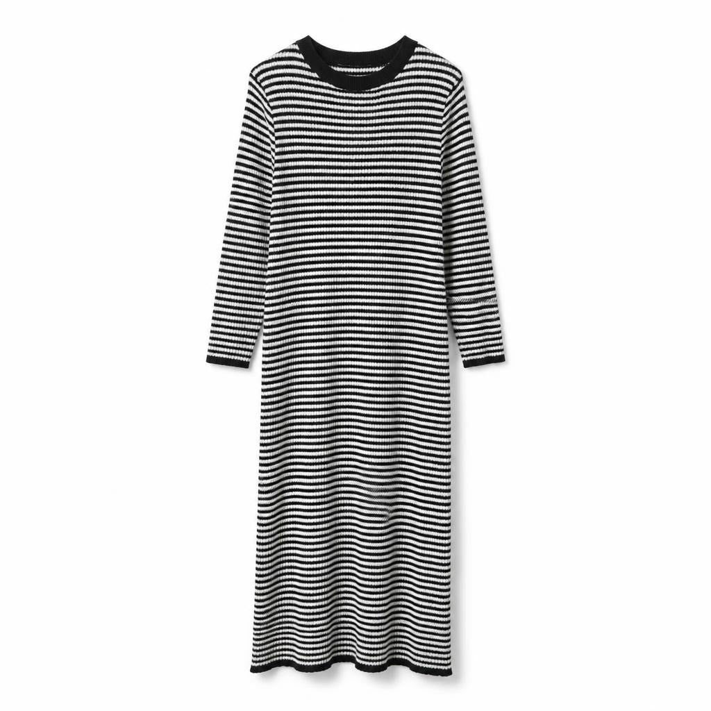 Deppot black white striped ribbed knit midi dress L - white studio shot, second-hand at Why Go Less, Dekwaneh, Lebanon