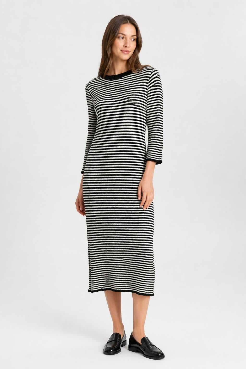 Deppot black white striped ribbed knit midi dress L | Pre-Loved | Why Go Less