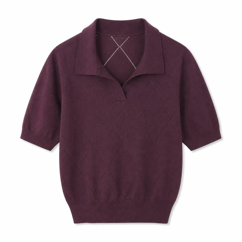 Burgundy argyle knit polo short-sleeve sweater top - white studio shot, second-hand at Why Go Less, Dekwaneh, Lebanon