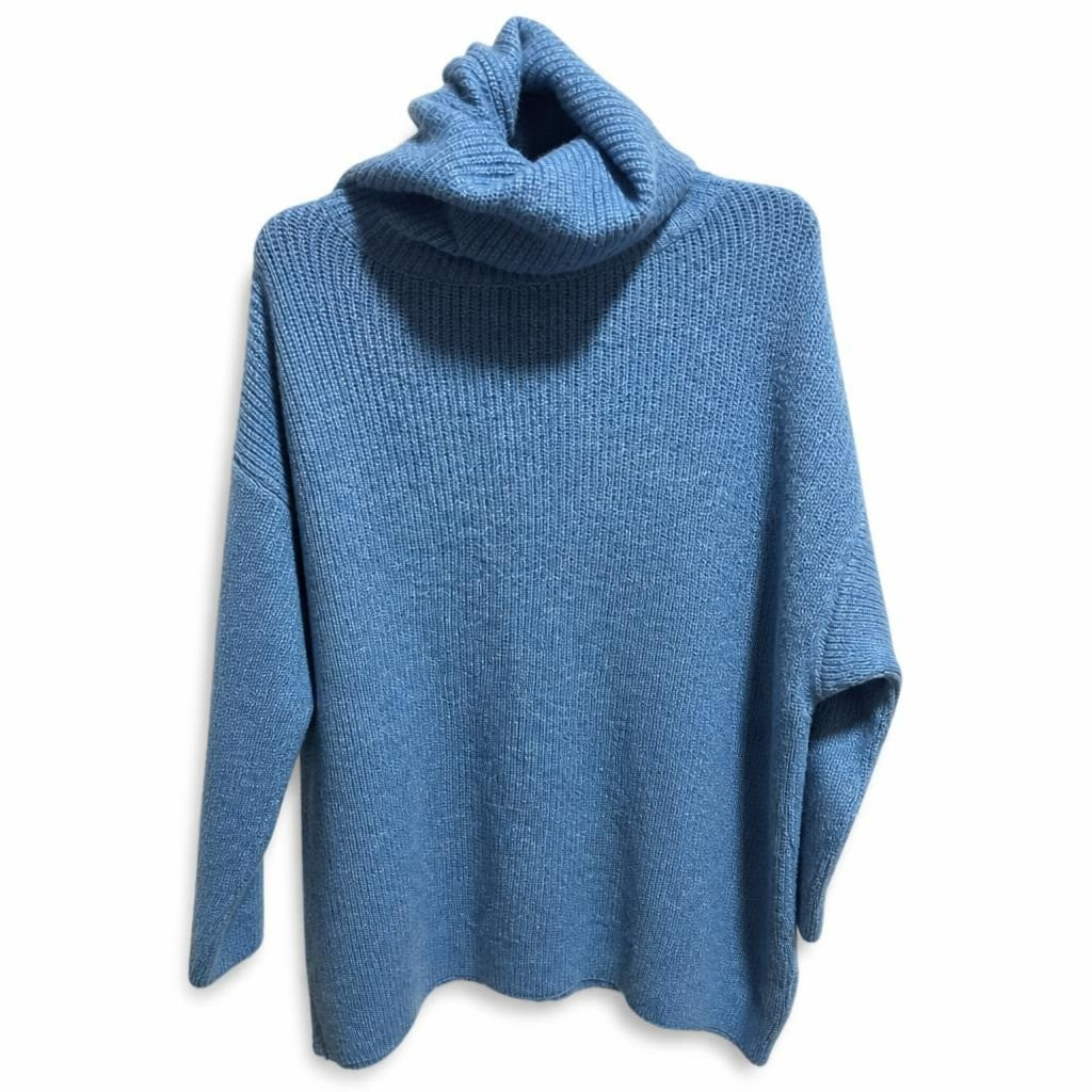 Blue turtleneck knit oversized sweater - white studio shot, second-hand at Why Go Less, Dekwaneh, Lebanon