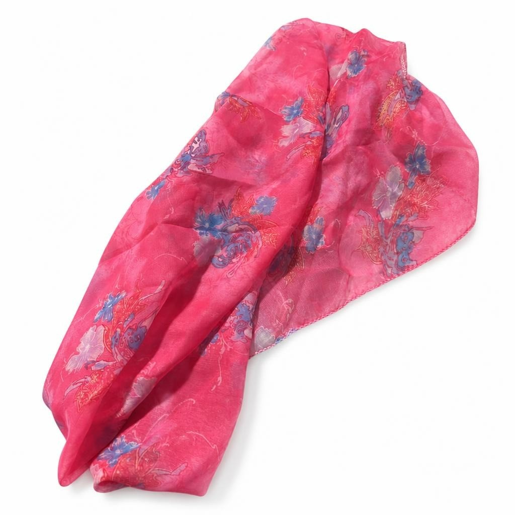 Pink floral chiffon scarf or lightweight wrap - white studio shot, second-hand at Why Go Less, Dekwaneh, Lebanon