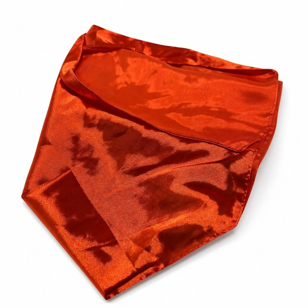 Orange satin fabric scarf - white studio shot, second-hand at Why Go Less, Dekwaneh, Lebanon