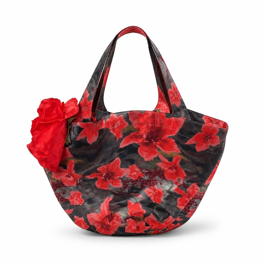 Floral print tote bag, red & black, med - white studio shot, second-hand at Why Go Less, Dekwaneh, Lebanon