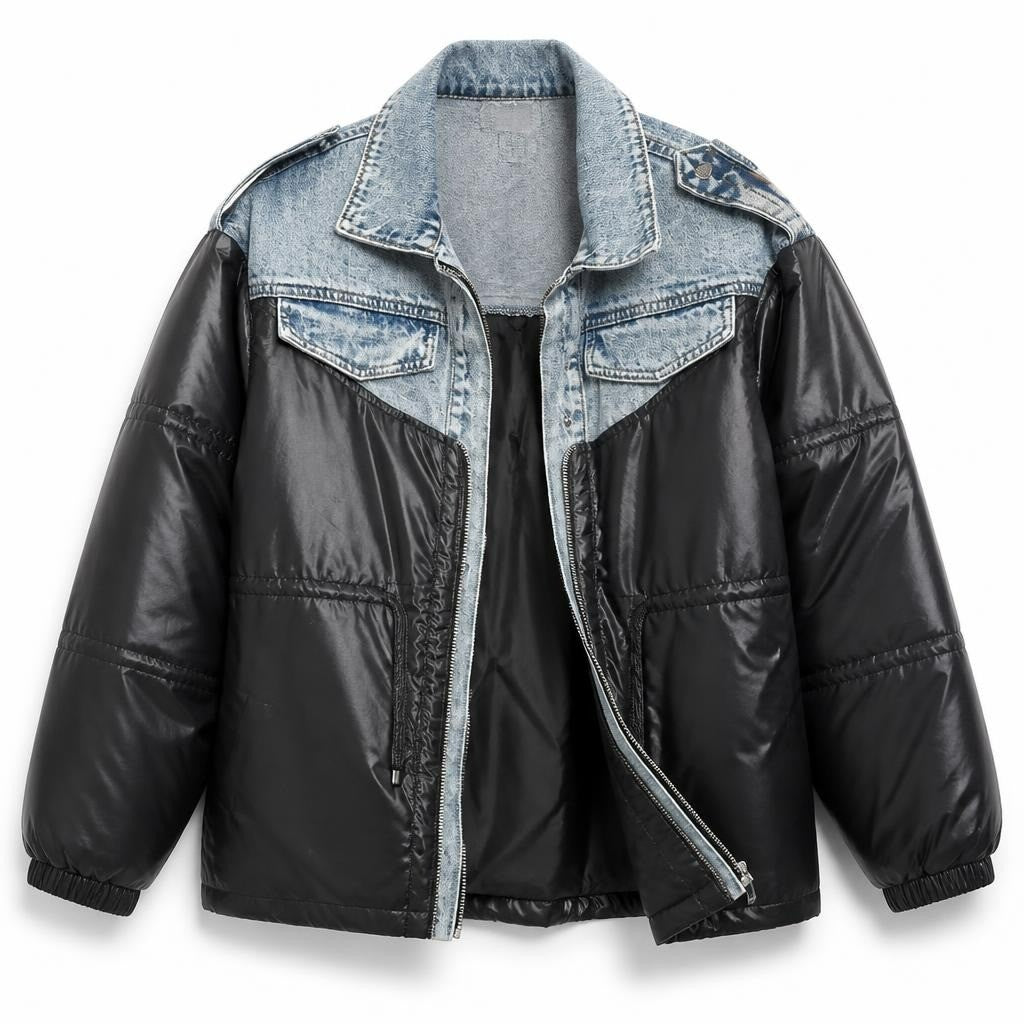 Levure two-tone denim & black puffer jacket - white studio shot, second-hand at Why Go Less, Dekwaneh, Lebanon