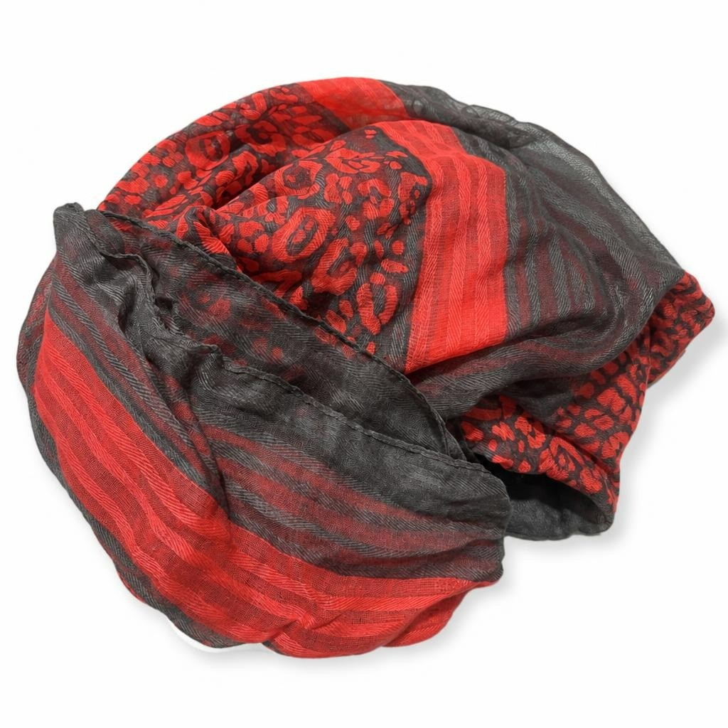 Red & grey animal print lightweight scarf - white studio shot, second-hand at Why Go Less, Dekwaneh, Lebanon