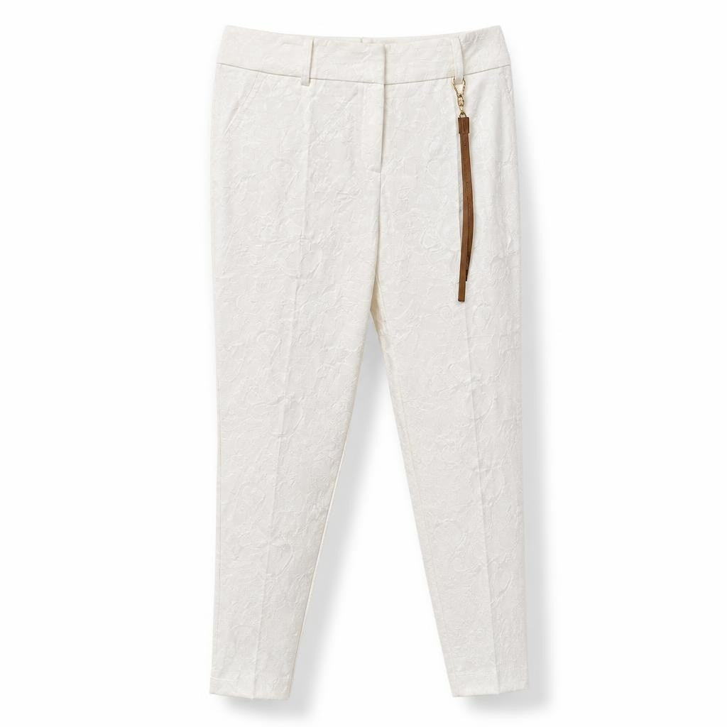 White jacquard floral trousers, new with tags, sz L - white studio shot, second-hand at Why Go Less, Dekwaneh, Lebanon
